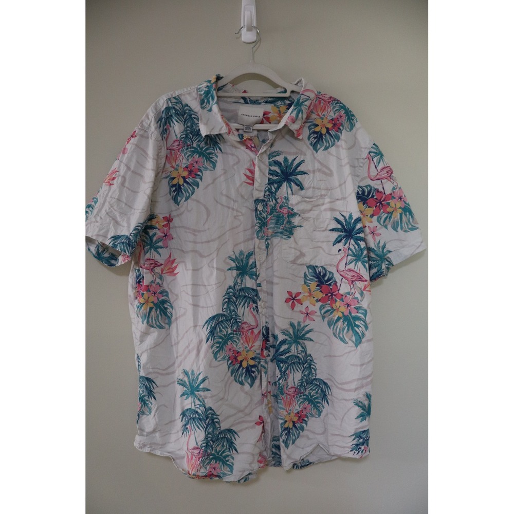 Tropical Flamingo Summer American Eagle Button Down XXL White Hawaiian Shirt
